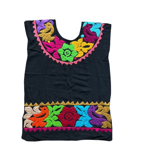 Handmade Mexican Embroidered Black Blouse Tunic Top Birds Flowers Artisan - Picture 6 of 8